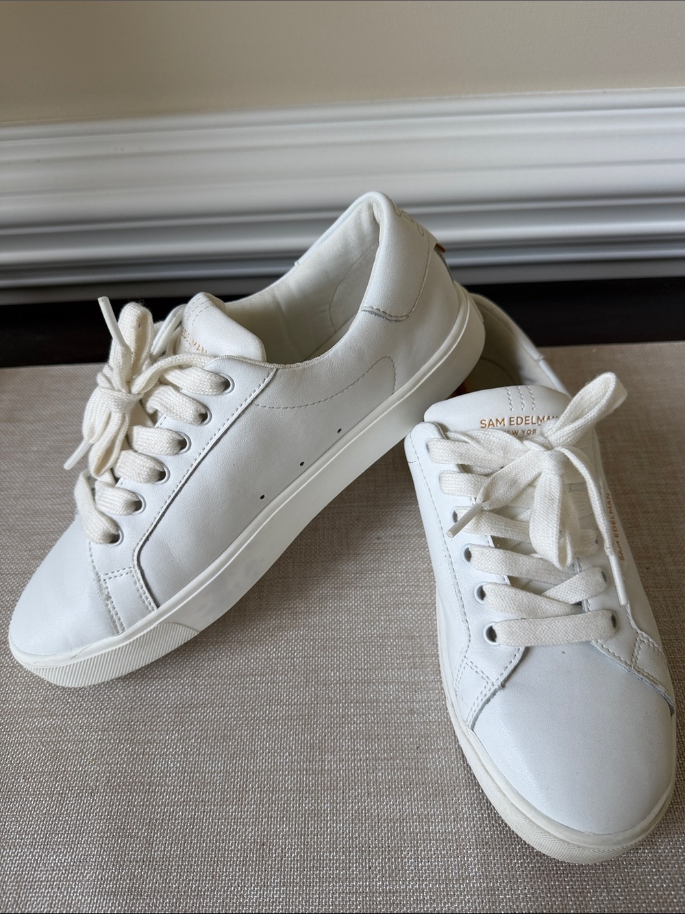 Sam Edelman White Leather Low-Top Sneakers with Gold Logo
